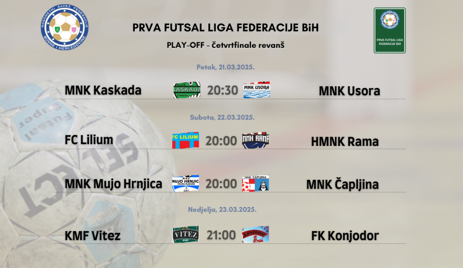 Delegiranje revanš utakmica četvrtfinala play-offa Prve futsal lige FBiH